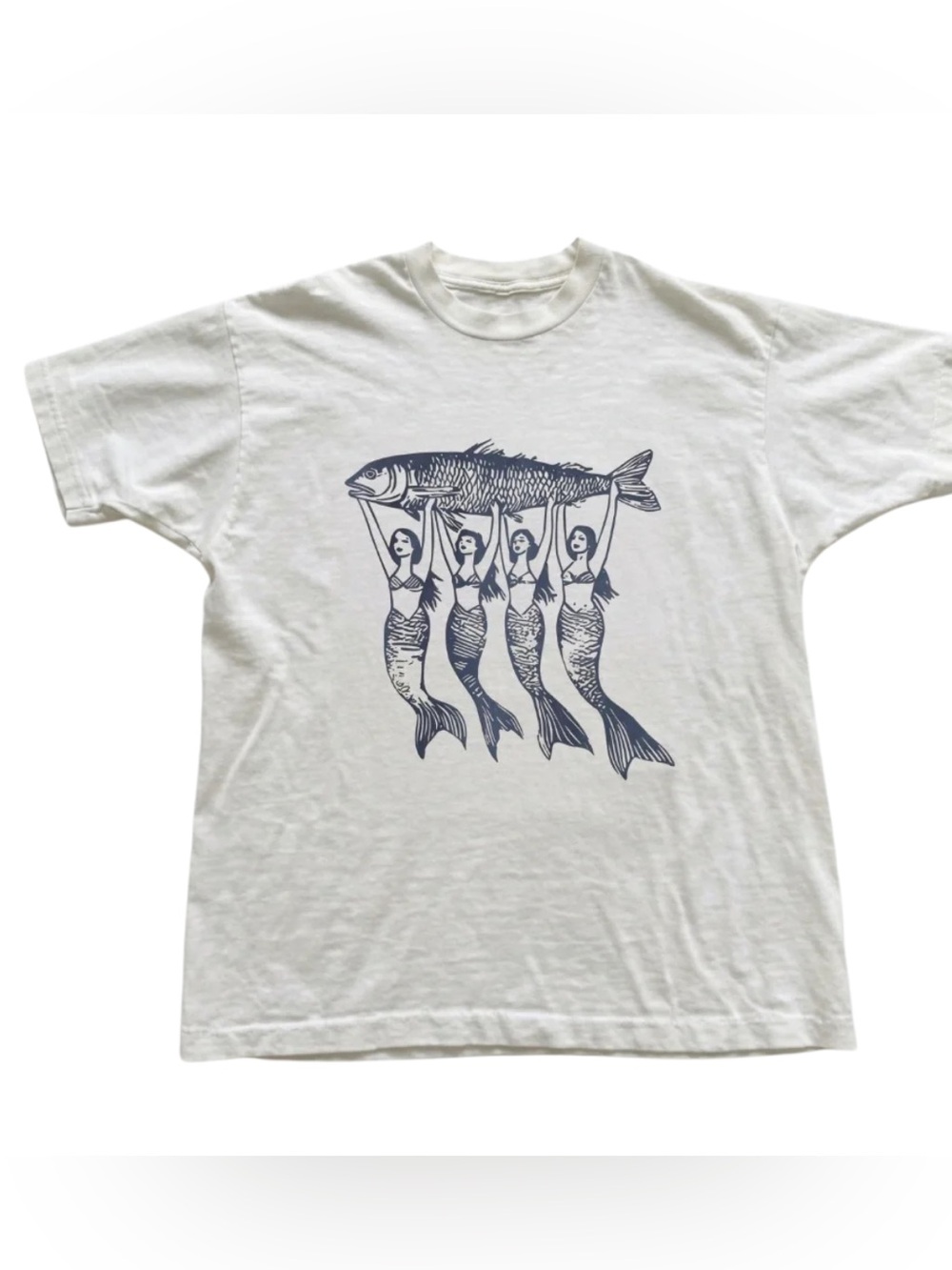 Mermaids Holding Fish Linocut White Cottagecore Graphic T-Shirt